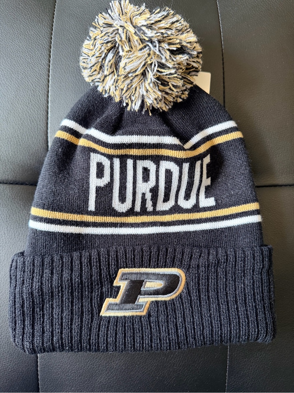 NCAA Purdue Boilermakers Cuffed Knit Beanie Hat with Pom Black Gold White
